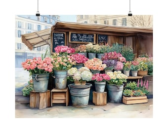 Kunstdruk bloemenmarkt Parijs: aquarel Frans straatbeeld, romantische bloemen, vintage Europees decor