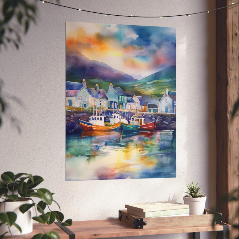 Acuarela de Dingle, Irlanda: Impresión artística de un pueblo pesquero costero imagen 10