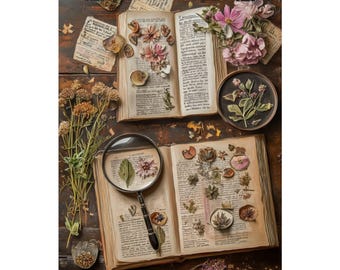 May include: An open book with dried flowers and leaves pressed between the pages. A magnifying glass with a dried flower inside is on top of the book. The book is on a wooden table with other dried flowers and leaves scattered around.