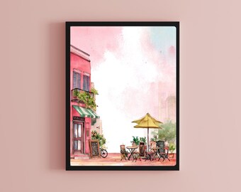 パリのカフェ水彩画：ピンクの建物、ヨーロッパの街並み - Etsy 日本