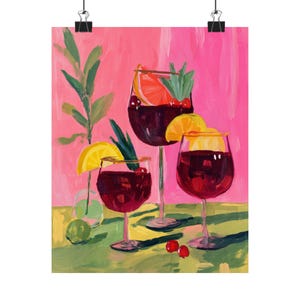 サングリアカクテルグアッシュ | 鮮やかなフルーツドリンクの絵画 | 赤ワインパンチの静物画 | カラフルなバーカートのプリント | モダンな壁飾り（ピンク）
