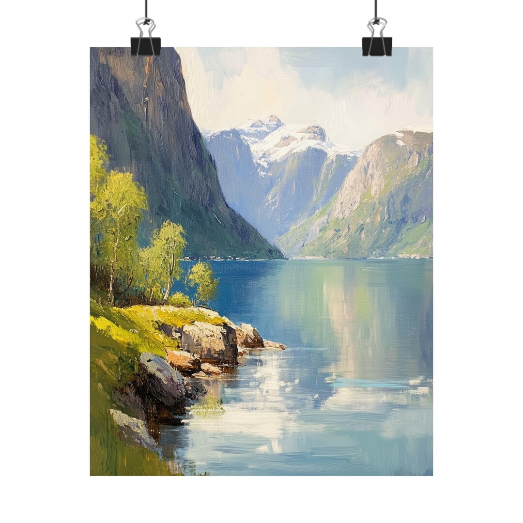ノルウェーのフィヨルドグアッシュ版画：風光明媚な北欧の風景画