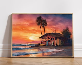 Sunset Beach Surf Shack Art Print – Coastal Palm Tree Wall Decor