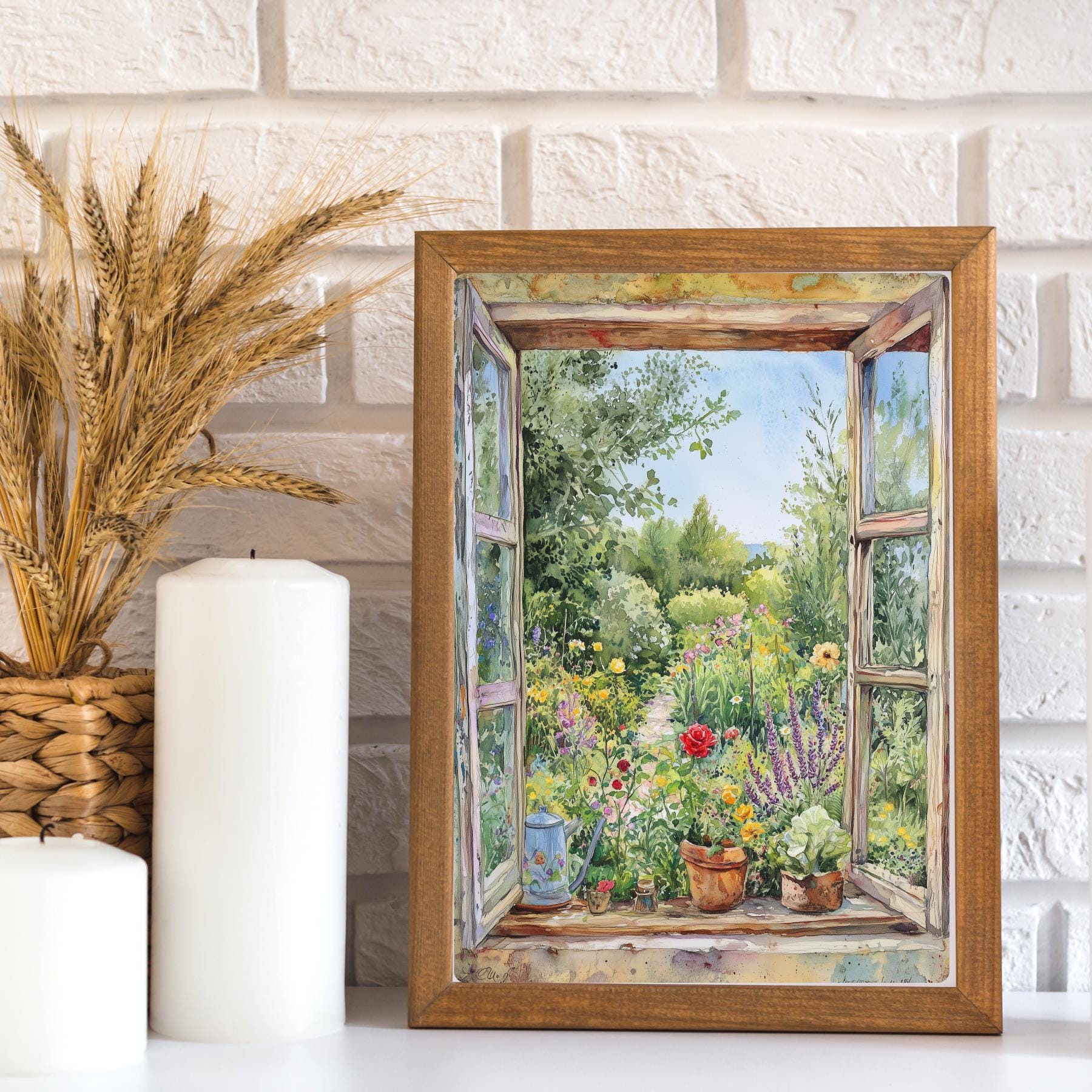 コテージガーデンの窓辺の風景画アートプリント：花の窓辺の風景画