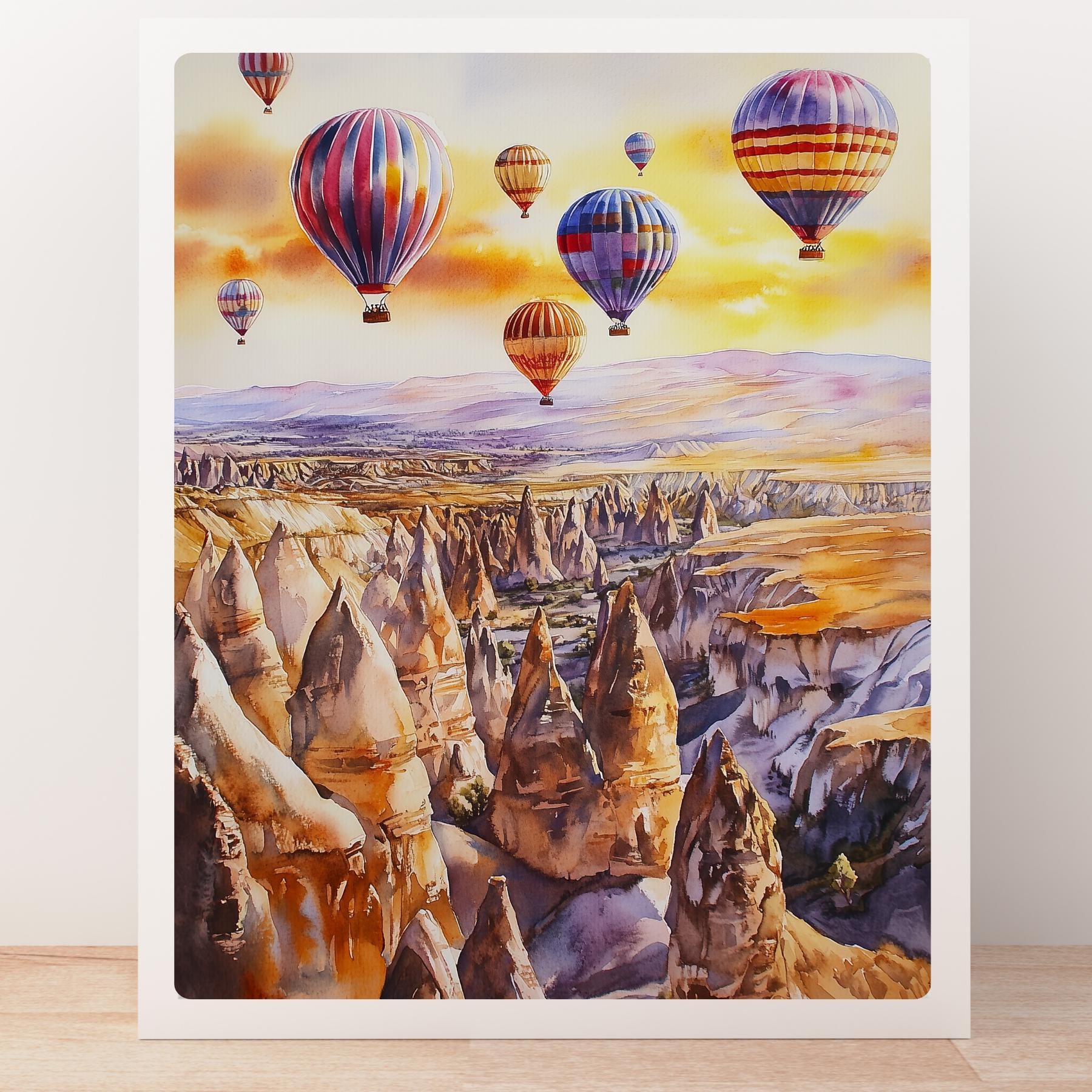風景画 熱気球 手描きアート カッパドキアの熱気球の水彩画アートプリント：トルコ旅行の装飾