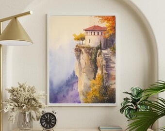 メテオラ修道院の水彩画：崖の上のギリシャの秋の風景 - Etsy 日本