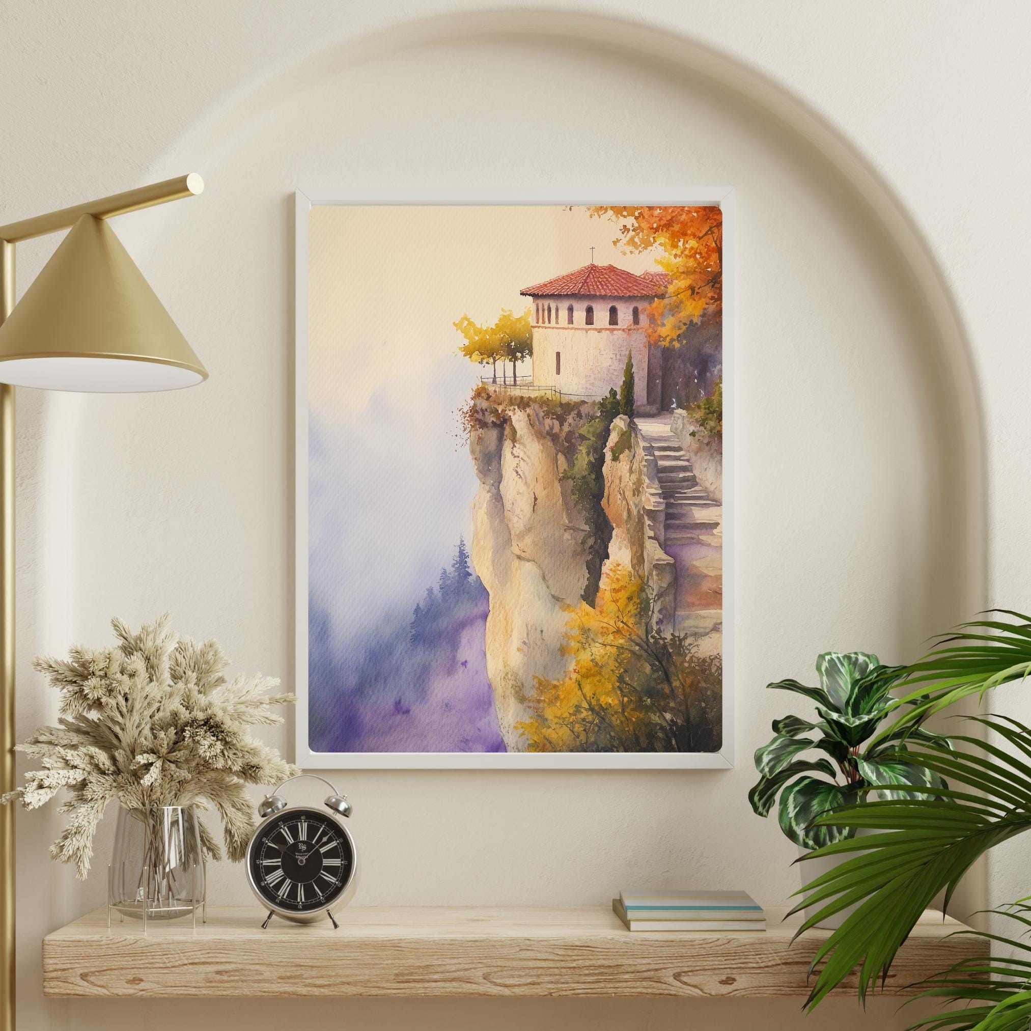 油彩画 メティオラ修道院 山と修道院の風景 インテリア アンティーク