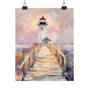 Impresión artística del faro de Maine / Arte mural costero en acuarela / Decoración de paisajes marinos de Nueva Inglaterra / Obra de arte de casas de playa / Impresión de puesta de sol en el océano