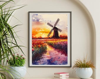オランダの風車の水彩画：チューリップ畑の夕焼け風景 - Etsy 日本