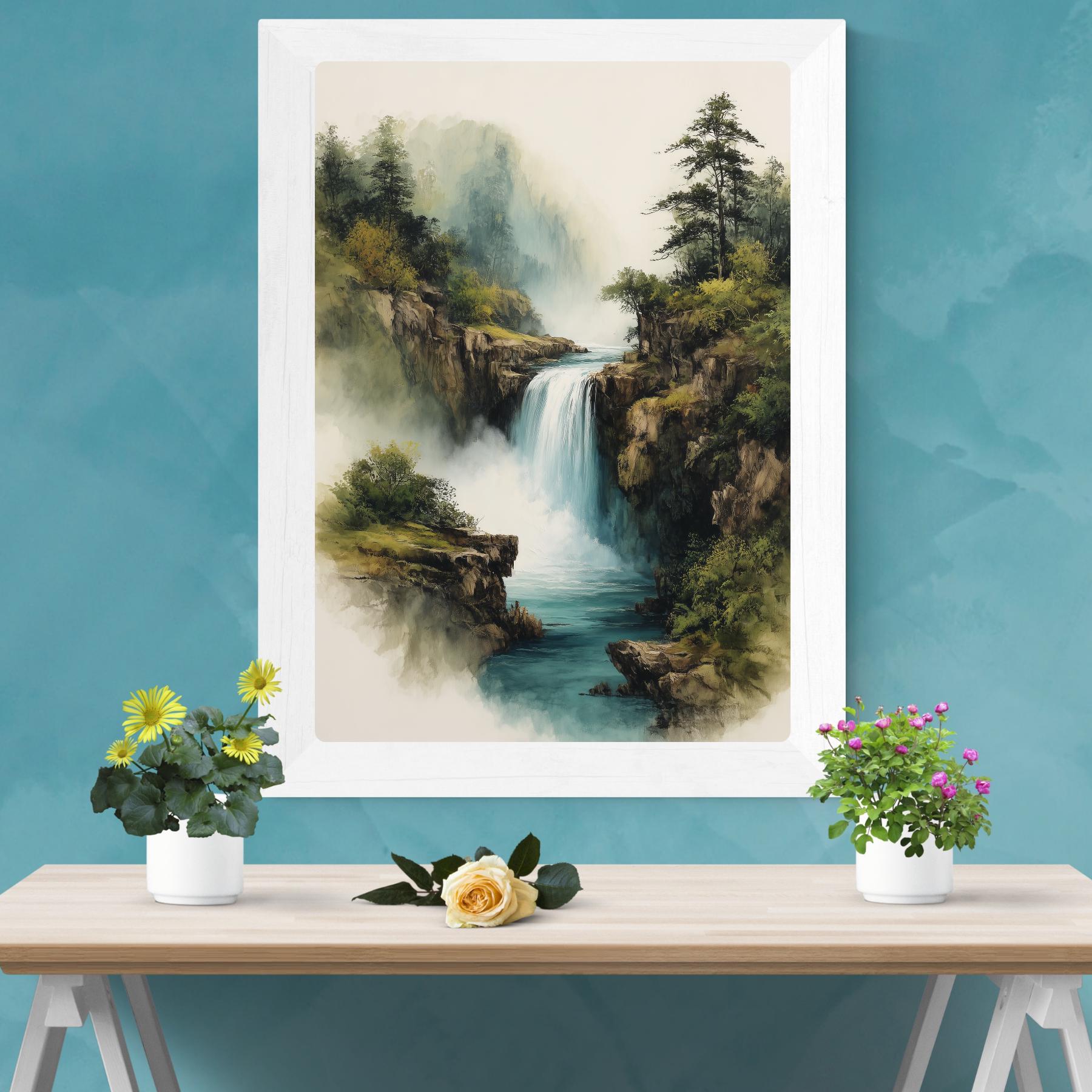 山と滝の版画：中国水墨画風景画 - Etsy 日本