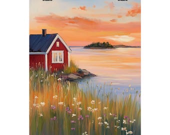 May include: A red cottage with white trim sits on a rocky shore overlooking a calm body of water. The sky is a vibrant orange and pink, suggesting a beautiful sunset. Wildflowers bloom in the foreground, adding a touch of color to the scene.