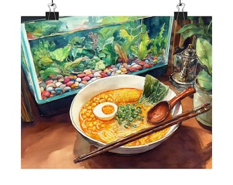 Impresión artística de cocina ramen: ilustración de comida asiática en acuarela vibrante