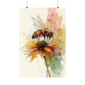 May include: Watercolor art print featuring a detailed illustration of a bee perched on a vibrant yellow and orange flower. The bee has brown and yellow stripes. The background has soft watercolor washes of pink, yellow, and green.