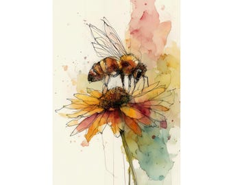 Bee on Flower Art Print: Botanical Watercolor, Nature Line Drawing