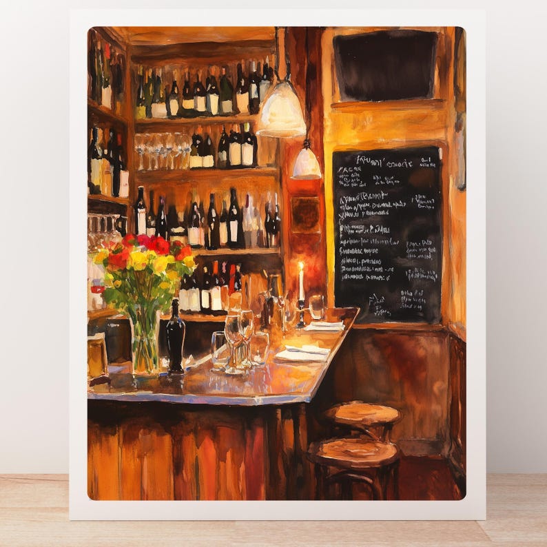 May include: A watercolor painting of a bar interior with a wooden counter, shelves stocked with wine bottles, and a chalkboard menu listing French cuisine. The bar is dimly lit with warm lighting, and there are two empty stools in the foreground.