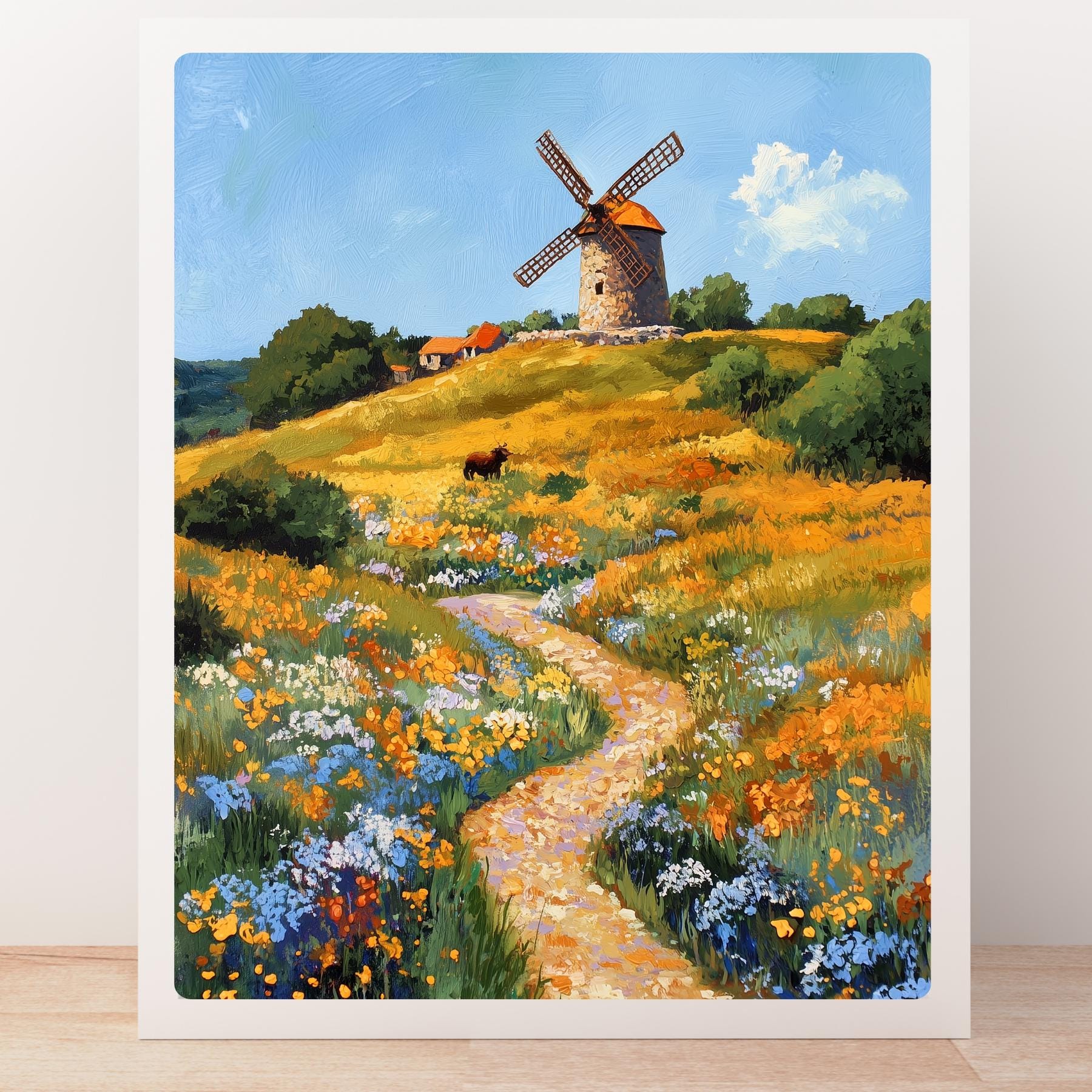 絵画風景画 風車と野花の丘の絵画：ジクレー版画による田舎の風景画 - Etsy 日本