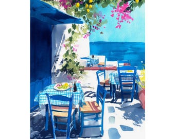 ギリシャのタベルナの水彩画：エーゲ海沿いのカフェの壁アート - Etsy 日本