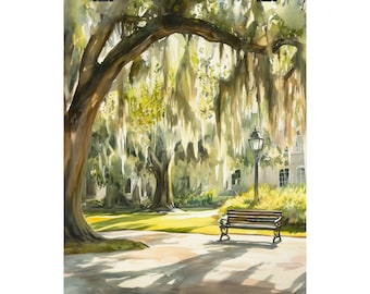 Savannah Georgia Art Print: Spanish Moss Watercolor Park Scene