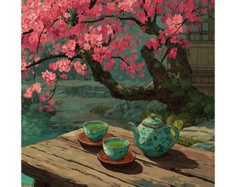 日本庭園の水彩画アートプリント：桜、禅の茶室 - Etsy 日本