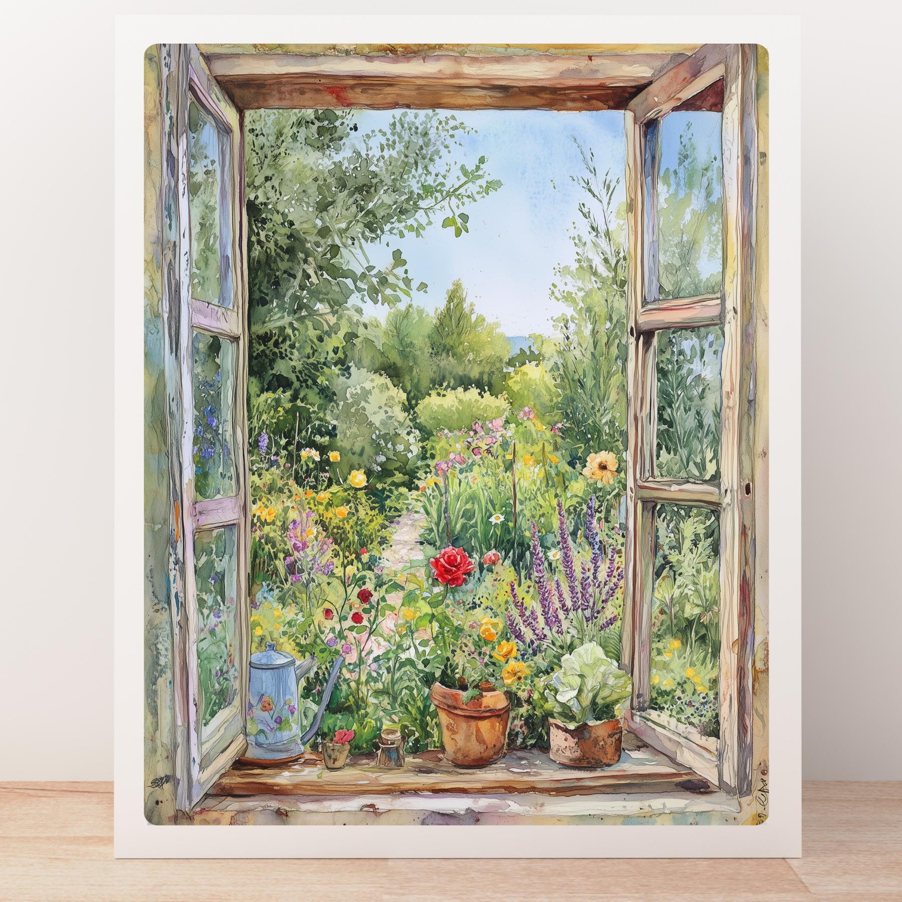 コテージガーデンの窓辺の風景画アートプリント：花の窓辺の風景画
