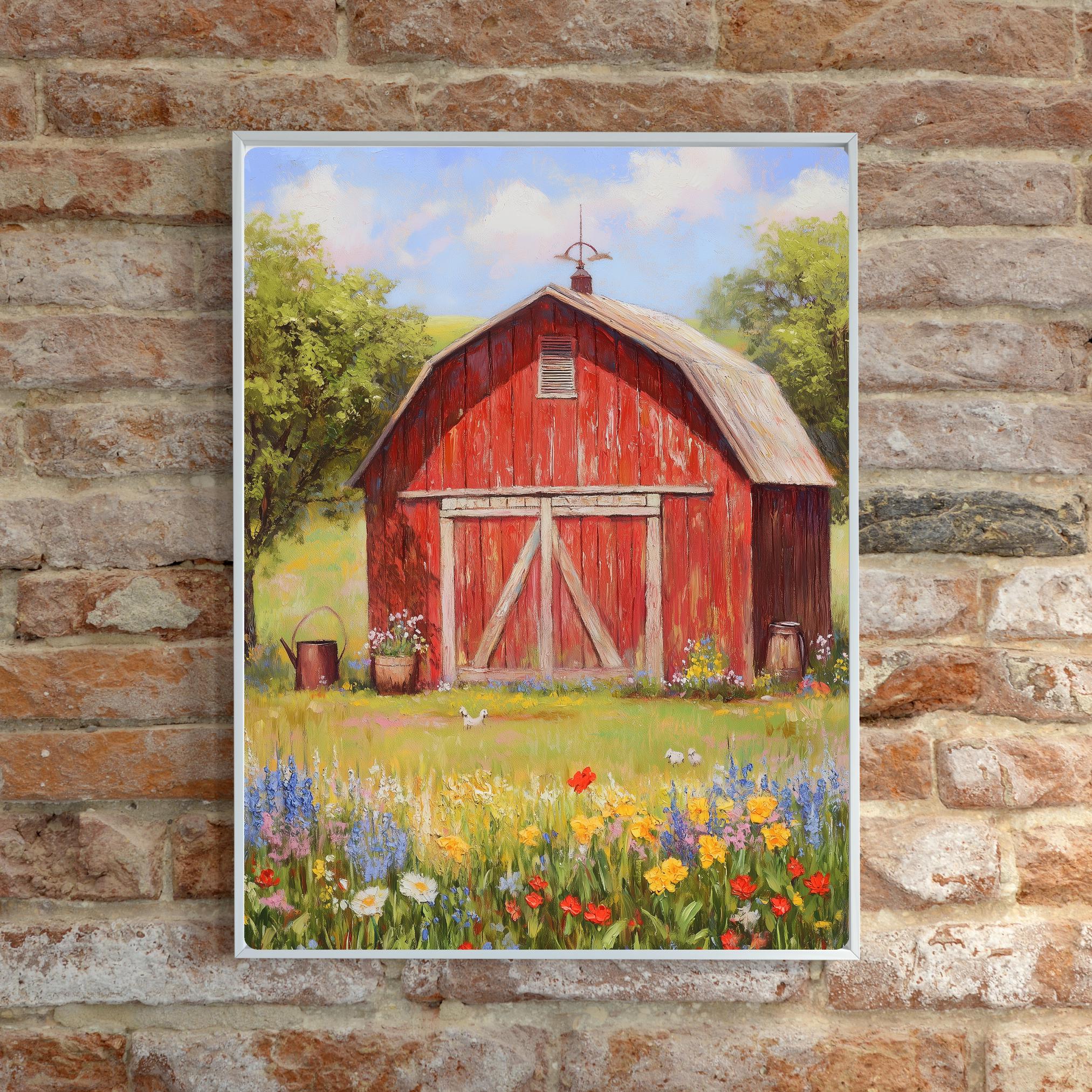 Spring Rustic Barn Red Barn Spring Art Print: Rustic Farmhouse Wildflower Field - Etsy