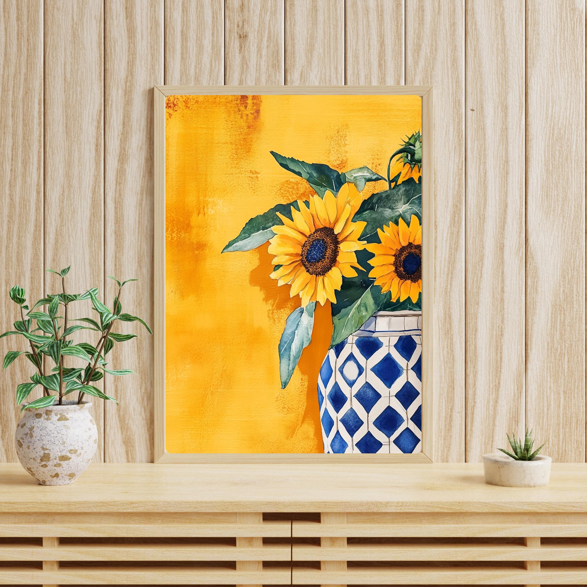 ひまわりの静物画：黄色と青の花柄ウォールアート - Etsy 日本