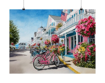 Mackinac Island Art Print: Watercolor Street Scene, Michigan Decor