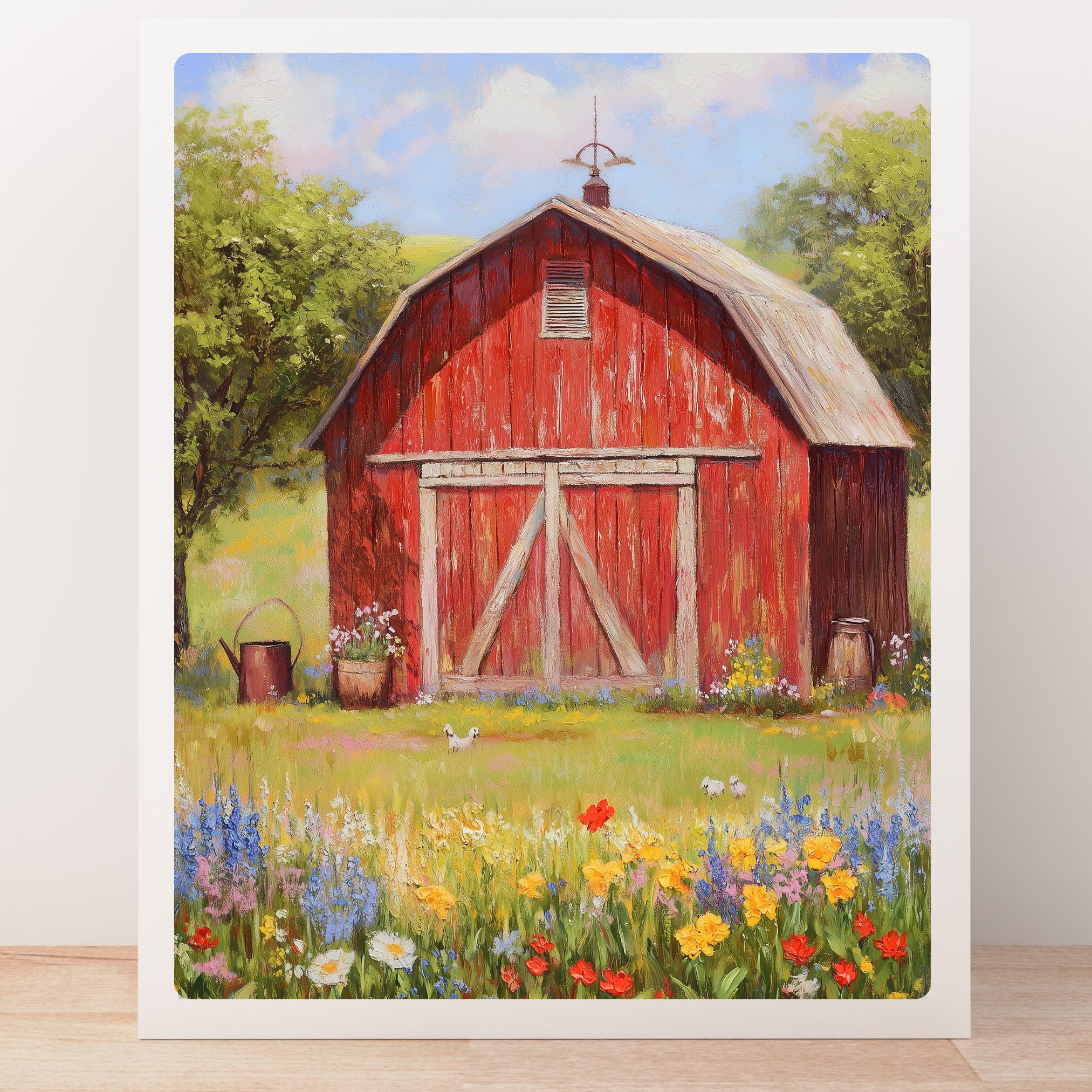 Spring Rustic Barn Red Barn Spring Art Print: Rustic Farmhouse Wildflower Field - Etsy