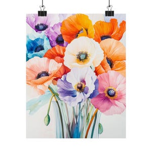 Colorful Poppy Art | Watercolor Floral Print | Vibrant Flower Bouquet Decor | Spring Bloom Wall Art | Unique Poppy Painting | Cottage Core