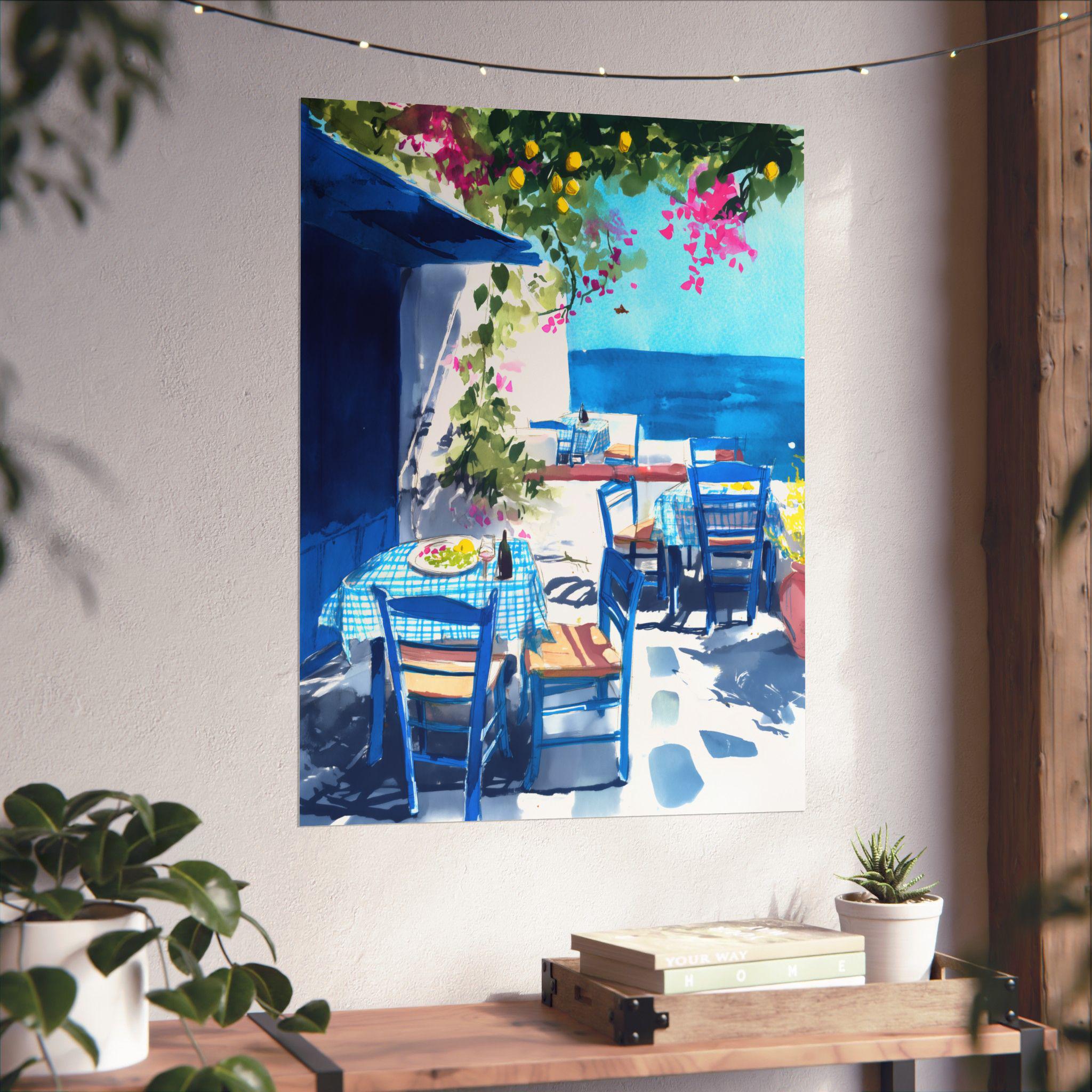 ギリシャのタベルナの水彩画：エーゲ海沿いのカフェの壁アート - Etsy 日本