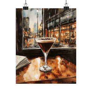 Seattle Espresso Tonic Art Print | Deszczowy pejzaż miejski | Prezent dla miłośnika kawy | Przytulna scena w miejskim barze | Pacyficzny Północny Zachód | Stan Waszyngton