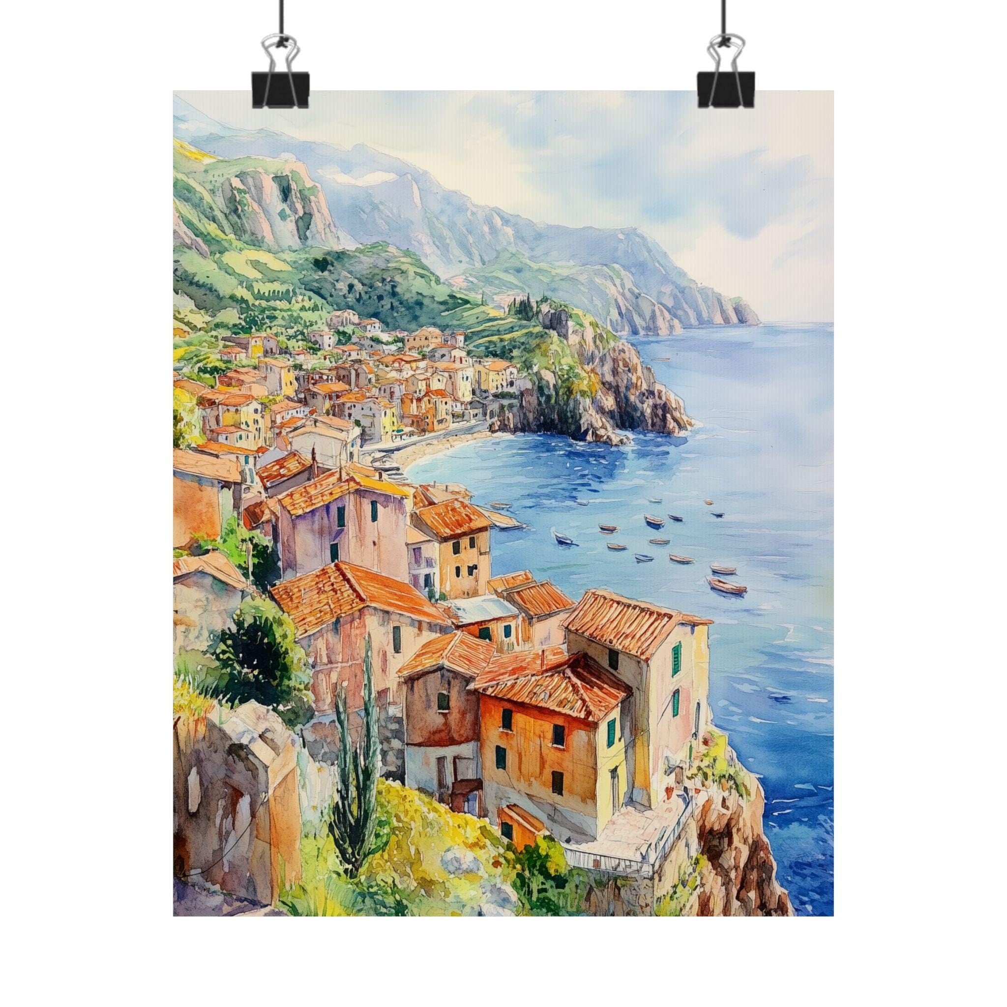 イタリア沿岸の村の水彩画アートプリント：地中海の海景 - Etsy 日本