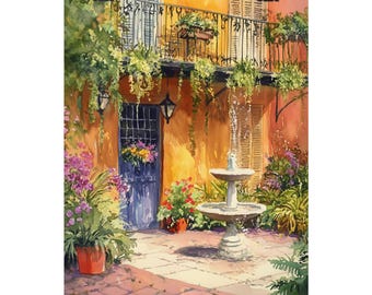 New Orleans Courtyard Art Print | French Quarter Watercolor | Garden Fountain Painting | Southern Charm Decor | Balcony Art