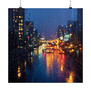 Rainy City Night Art Print: Moody Urban Lights and Bokeh Wall Decor