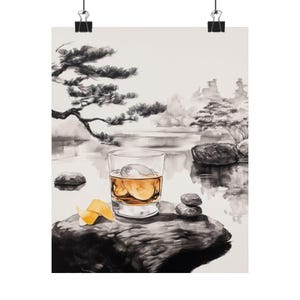 Whiskey Highball Ink Painting Art Print | Japanese Zen Garden Decor | Minimalist Drink Still Life | Cocktail Fine Art | Bar Cart Print
