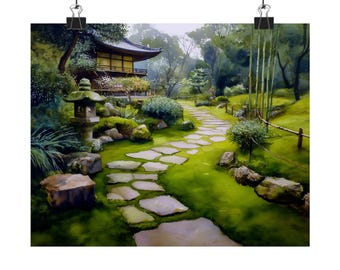 Estampado de jardín de templo japonés: Acuarela de sendero zen, decoración asiática de bosque de bambú