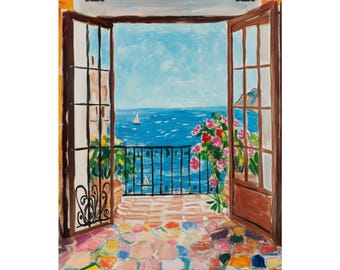 Puede incluir: Una pintura de una puerta abierta con vista a un balcón que da al océano. El balcón tiene una barandilla de hierro forjado negro y hay flores en macetas en el balcón. El océano es azul y hay un velero en la distancia. El suelo del balcón está hecho de azulejos coloridos.