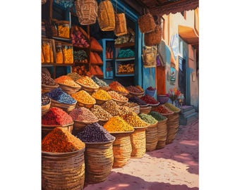 Marrakech Spice Market Art Print: Moroccan Souk Gouache Style Wall Decor