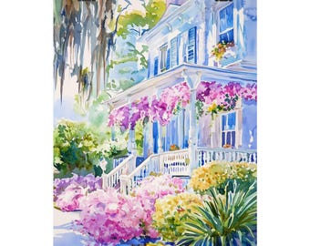 Savannah Georgia Watercolor Print: Southern Home with Azalea Garden