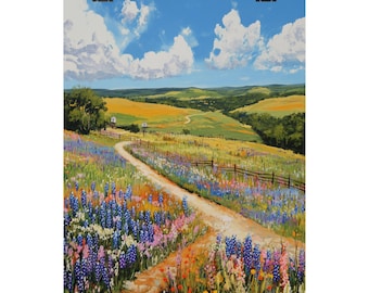 May include: A winding dirt road leads through a field of wildflowers, including bluebonnets, in a rural landscape. The sky is blue with white clouds, and the hills in the distance are green.