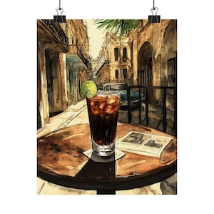 Havana Cuba Libre Art Print | Vintage Cuba Painting | Drink with Lime Wall Decor | Prezent artystyczny z podróży | Kubańska scena uliczna | Sztuka wózka barowego