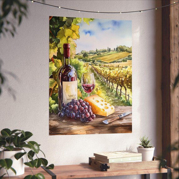 Italian Countryside Wine & Cheese Art Print: Rustic Vineyard Still
