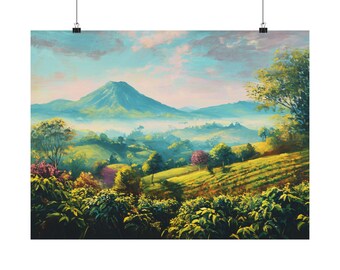 メキシコのコーヒー農園の日の出のアート、さくらんぼを摘む農民の絵画