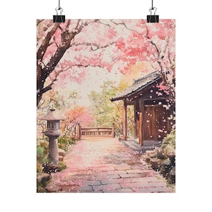 Philosopher's Path Art | Kyoto Cherry Blossom Print | Japanese Garden Scene | Pink Petal Pathway Decor | Watercolor Painting