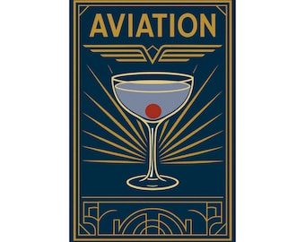 Könnte beinhalten: Poster im Aviation-Stil mit marineblauem Hintergrund und goldenen Akzenten. Das Wort "AVIATION" steht oben, über einem stilisierten Flügeldesign. Ein Cocktailglas mit Kirsche befindet sich in der Mitte, mit goldenen Strahlen, die davon ausgehen. Der Boden hat ein Art-Deco-Design.