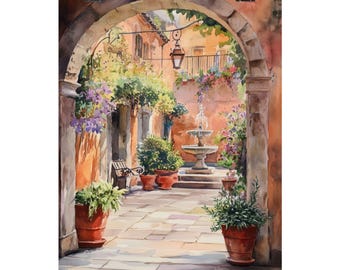 Könnte beinhalten: Ein Aquarellgemälde eines Innenhofs mit einem Springbrunnen in der Mitte. Der Innenhof ist von Gebäuden mit gewölbten Durchgängen und üppigem Grün umgeben. Es gibt Topfpflanzen und eine Bank im Innenhof.