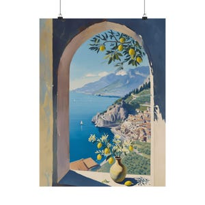 Mediterranean Coastal View Art Print: Italian Lemon Tree, Amalfi Coast Painting