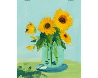 シーグラスアート ひまわりの花瓶 グアッシュひまわりの版画：現代印象派の花の静物画 - Etsy 日本