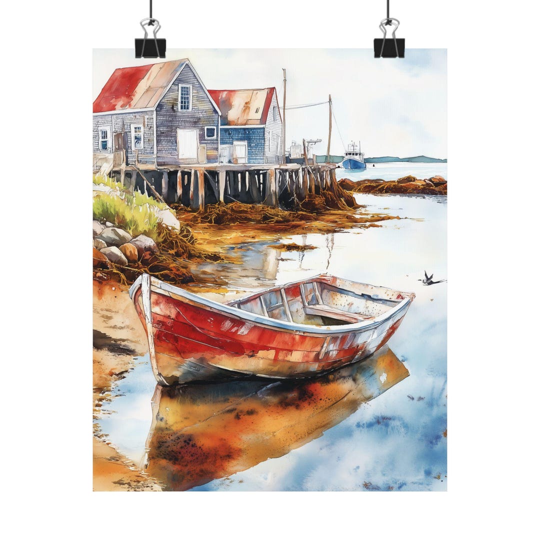専用ページ１ Fishing Village Art | Coastal Scene Painting | Boat on Shore
