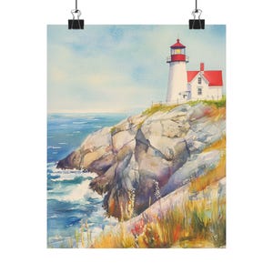 Maine Lighthouse Art Print | Coastal Seascape Watercolor Painting | Nautical Wall Decor | New England Landscape | Beach House
